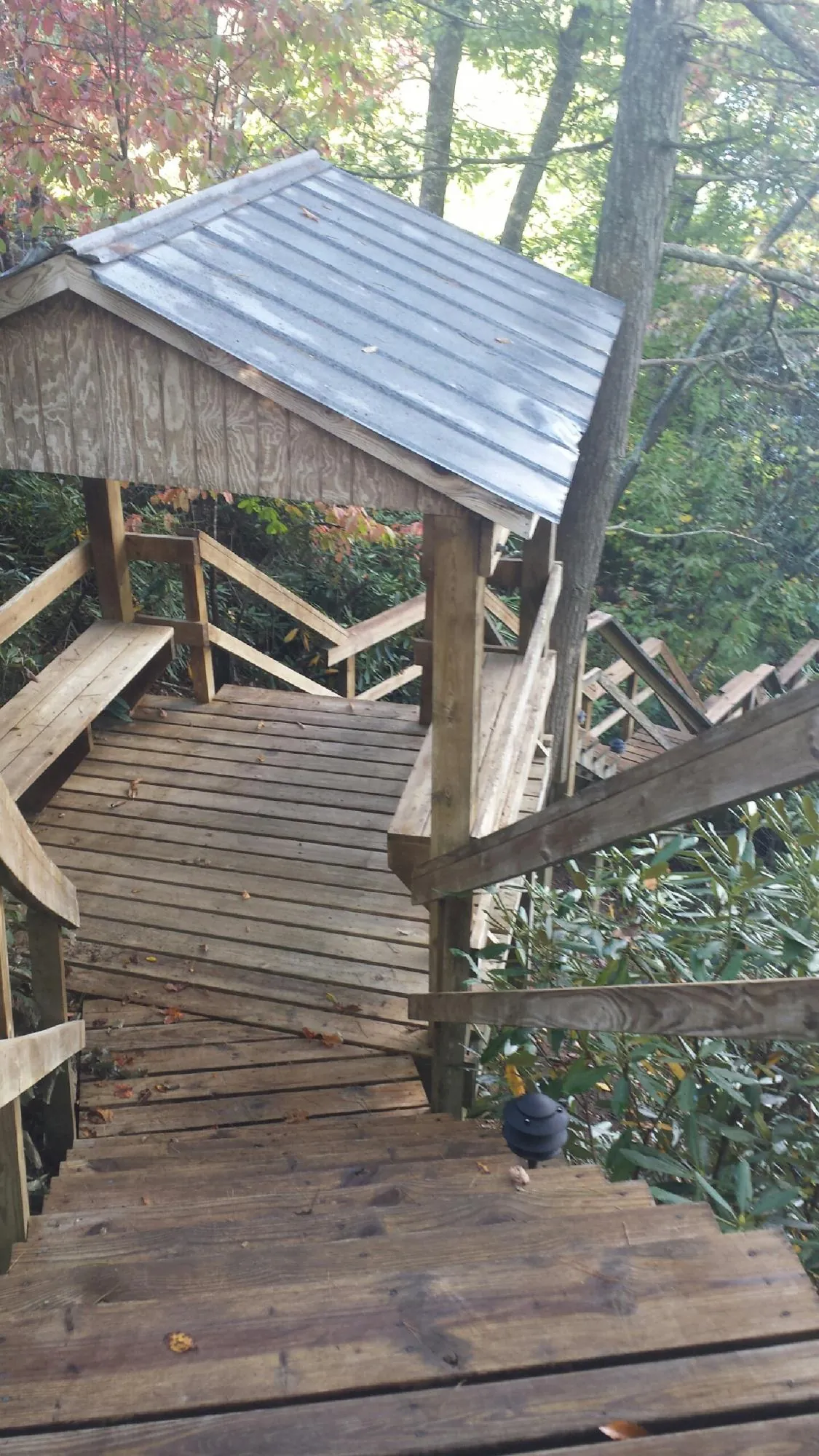 Metal roofed shelter over wooden steps on a wooded walkway — Skylight Repair & Installation work by our crew in Moore